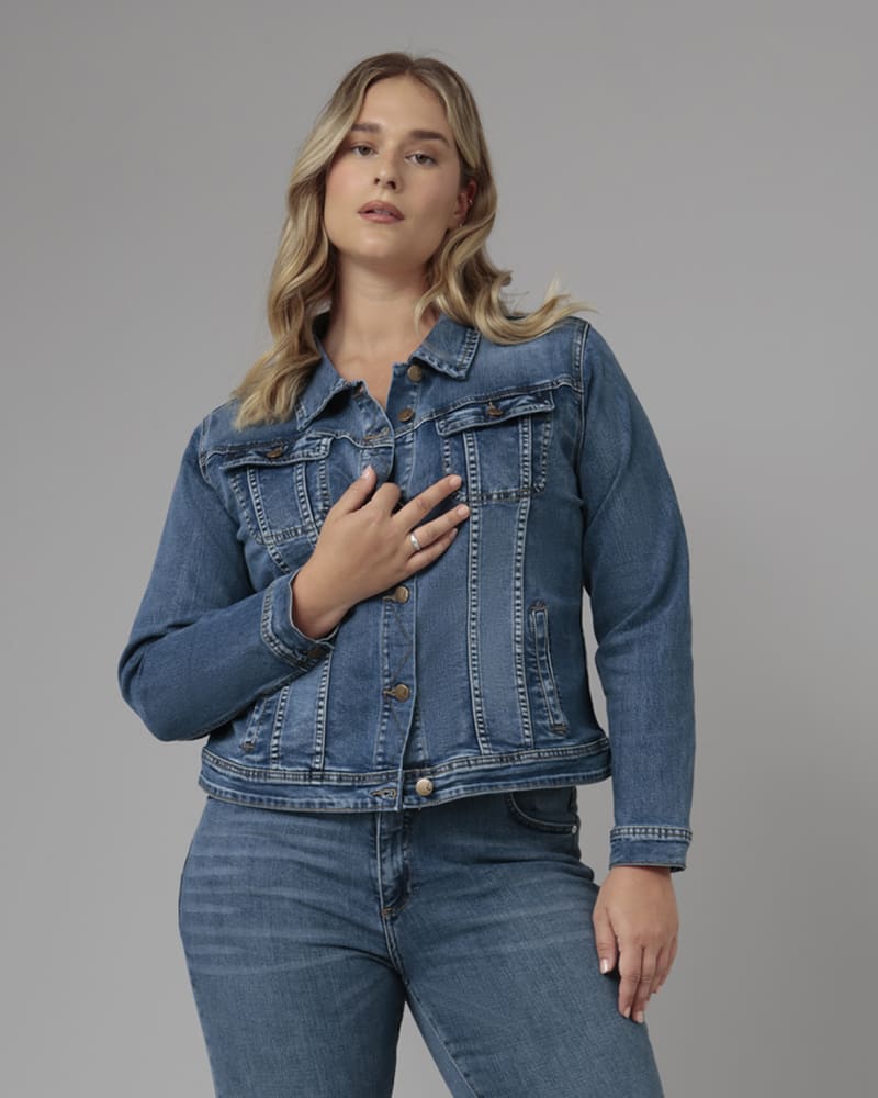 Front of a model wearing a size 2X Women's GABRIELLA-RCB1 Classic Denim Jacket in Rugged Classic Blue by LOLA JEANS. | dia_product_style_image_id:321904